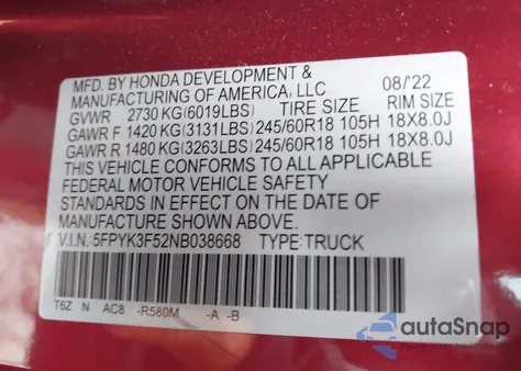 2022 Honda Ridgeline Rtl из США, поврежденный, VIN 5FPYK3F52NB038668